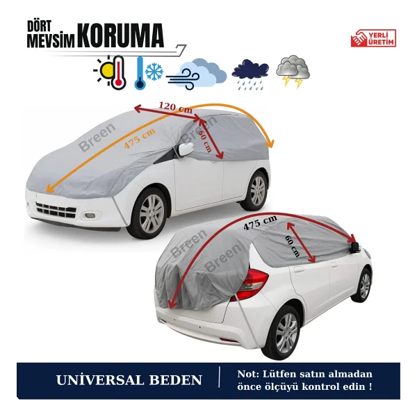 Breen Gri Yarım Araba Brandası, Su Geçirmez, Güneşten Korur, Toz Ve Kir Önleyici, Buzlanma Önleyici - Görsel 4