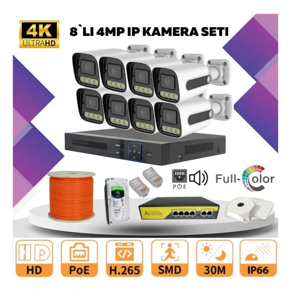 Go Vision 8'li Güvenlik Ip Kamera Seti - 4mp Dış Mekan Kamera, 3.6mm Lens, H.265, Poe, Warm LED Gece Görüşlü - Siyah - Beyaz - Görsel 4