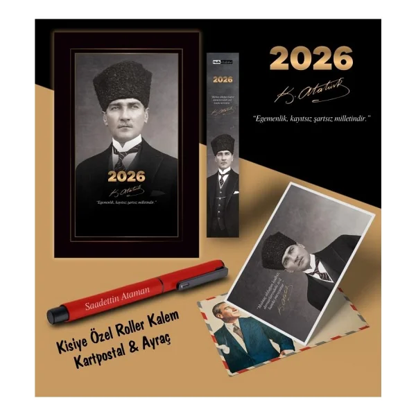 2026 Kalpaklı Atatürk Ajandası Ayraç Kartpostal Kalem - Kırmızı - Görsel 2