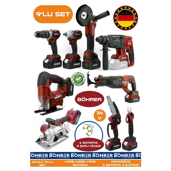 Böhrer Alman 9 Makine Kombo Set Ba01083k 6 Akülü 2 Şarjlı Kömürsüz V598 5ah Profesyonel - Red Kirmizi - Görsel 2