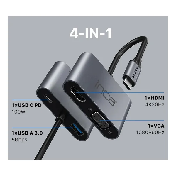 Inca Itpc-06tx Type-C Hub X4 Hdmı 4k@30 Hz+ Vga+ USB 3.0+Pd 100w Aluminyum Kasa - Görsel 2