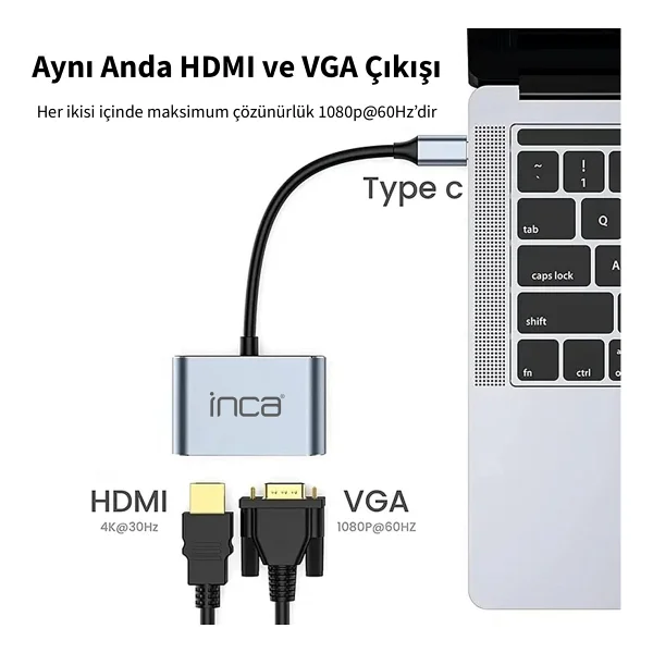 Inca Itpc-06tx Type-C Hub X4 Hdmı 4k@30 Hz+ Vga+ USB 3.0+Pd 100w Aluminyum Kasa - Görsel 7