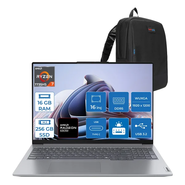 Lenovo Thinkbook 16 G7 Arp AMD Ryzen 7 7735hs 16gb DDR5 256gb SSD Radeon 680m Graphics 16" Wuxga 300nıts Ips Freedos Taşınabilir Bilgisayar 21mw002ctrf01 + Zetta Çanta - 256 GB - 16 GB - Görsel 9