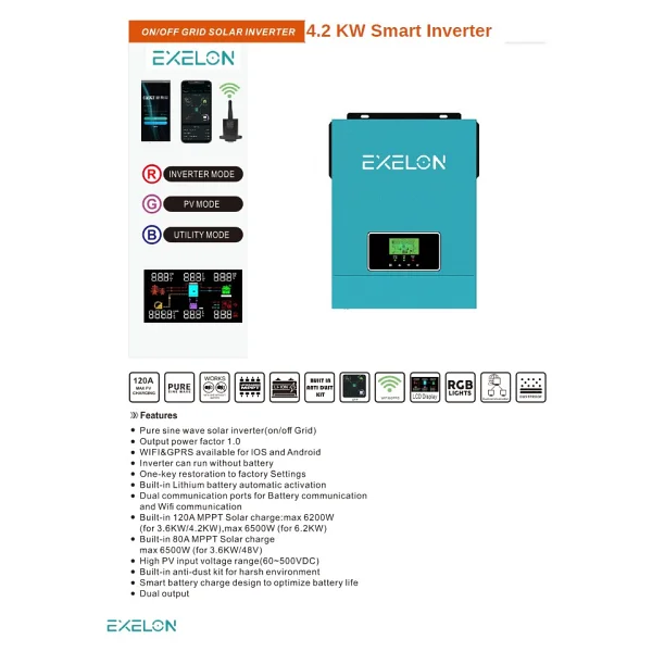 Exelon 24 V Volt 4200 W Watt 4.2 Kw Mppt Tam Sınus Akıllı Inverter 220 Volt Çevirici Invertör - Görsel 2