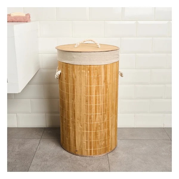Simple Living 60 Lt Yuvarlak Katlanır Bambu Çamaşır Sepeti - Görsel 5