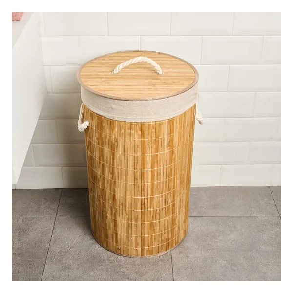 Simple Living 60 Lt Yuvarlak Katlanır Bambu Çamaşır Sepeti - Görsel 3