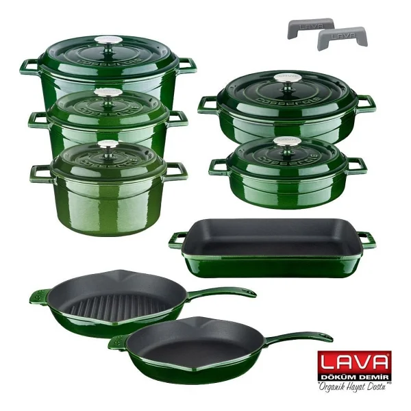 Lava Döküm Majolica Mavi 8 Parça Tencere Tava Seti Silikon Tutacak Ve Ahşap Kaşık Hediyeli - Görsel 7