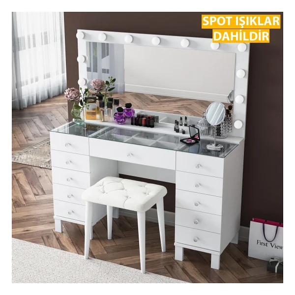 Rani Bj163 Hollywood Işıklı Aynalı Kulis Makyaj Masası Cam Tablalı 11 Çekmeceli Takı Düzenleyici Puf Takım Beyaz - Görsel 7