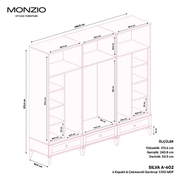 Monzıo Silva 6 Kapaklı Çekmeceli Gardırop Tamamı Mdf (Antrasit) - Görsel 4