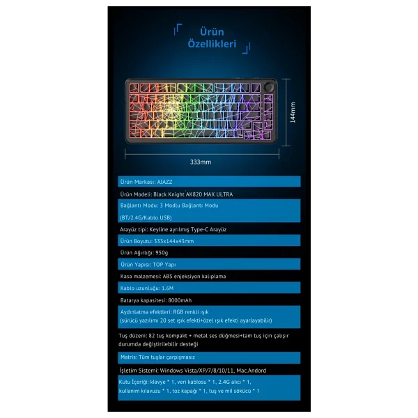 Ajazz Ak820 Max Ultra RGB Tkl Rice Hifi Switch Kablolu/Kablosuz Mekanik Oyuncu Klavyesi - Görsel 5