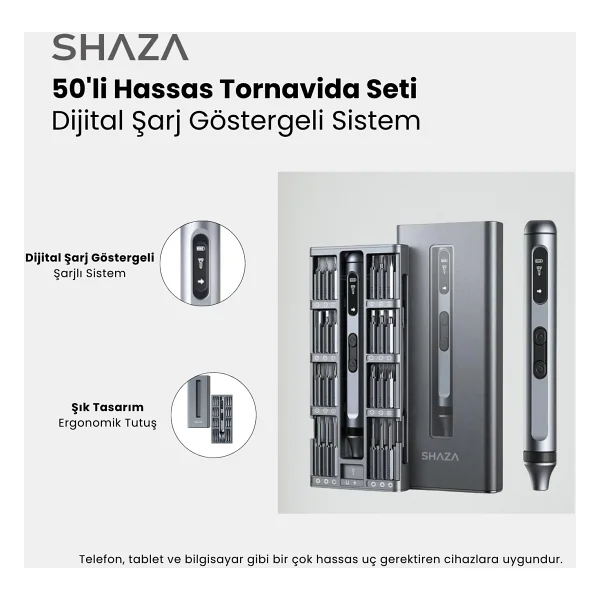 Shaza 50 Parça Şarjlı Hassas Tornavida Seti - LED Işıklı, Mıknatıslı Alüminyum Kasa, Type-C, Telefon PC Vb. Tamir Seti Gri - Görsel 2