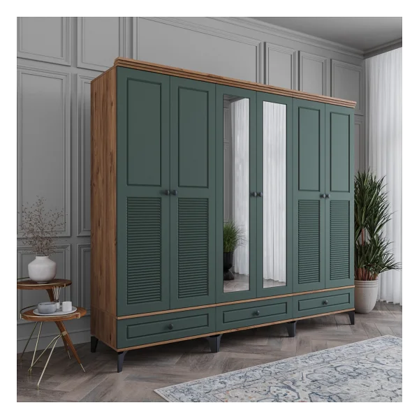 Monzıo Panjur 6 Kapaklı Çekmeceli Gardırop Tamamı Mdf (Yeşil) - Görsel 2