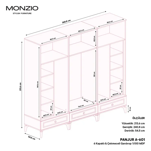 Monzıo Panjur 6 Kapaklı Çekmeceli Gardırop Tamamı Mdf (Yeşil) - Görsel 4
