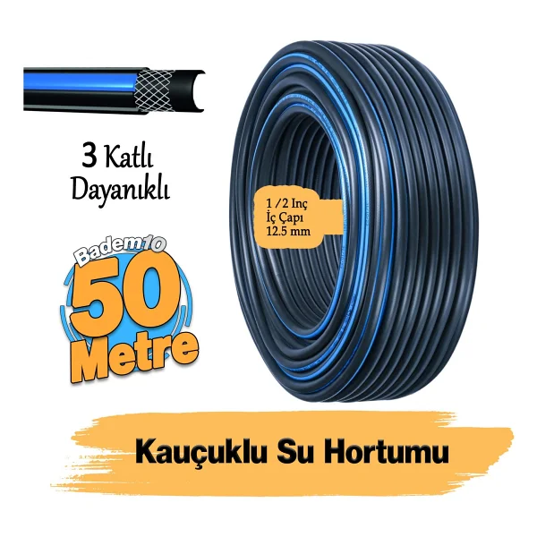 Termo Kauçuklu Bahçe Hortumu 50 Metre Dayanıklı 3 Katlı Sağlam Su Sulama Yıkama Hortum 12.5 Mm 1/2" - Görsel 8