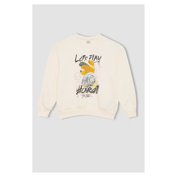 Defacto Kız Çocuk Oversize Geniş Kalıp Bisiklet Yaka Ayıcık Baskılı Sweatshirt D0607a824au - Ekru-Er99 - 13 - 14 Yaş - Görsel 6