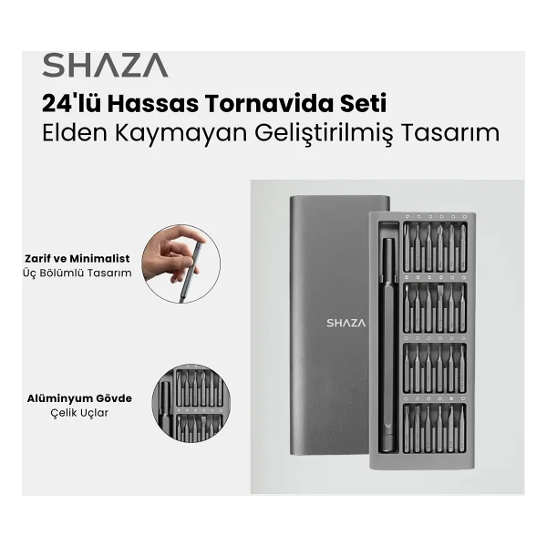 Shaza 24 Parça Hassas Tornavida Seti - Mıknatıslı Alüminyum Kasa Telefon, PC Vb. Tamir Seti - Gri - Görsel 2