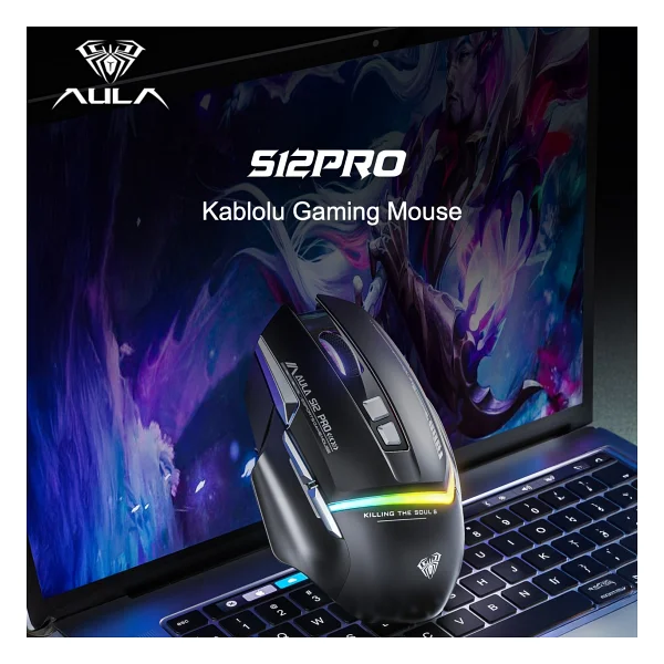 Aula S12 Pro Siyah Makrolu Ergonomik Optik Kablolu Oyuncu Mouse - Görsel 2