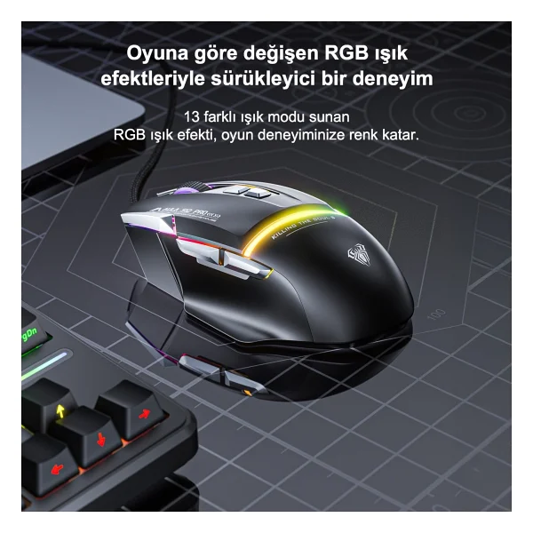 Aula S12 Pro Siyah Makrolu Ergonomik Optik Kablolu Oyuncu Mouse - Görsel 4