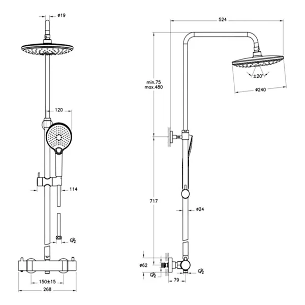 Vitra Aquaheat Bliss 240 A47205 2f Termostatik Krom Duş Sistemi - Görsel 2