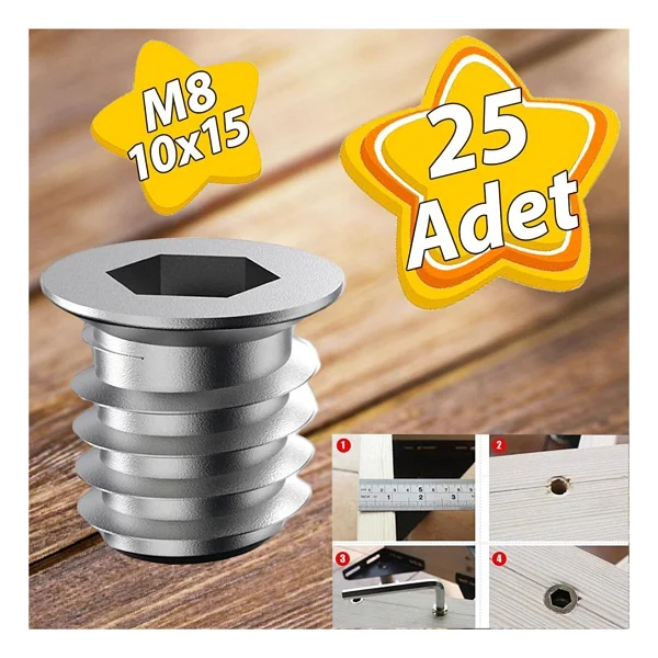 Metal Düz Dişli Dübel Ahşap Dübeli M8 10x15 Diş Çinko Mobilya Bağlantı Ünite Birleştirme (25 Adet) - Görsel 7