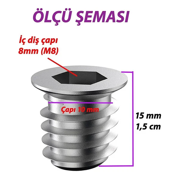 Metal Düz Dişli Dübel Ahşap Dübeli M8 10x15 Diş Çinko Mobilya Bağlantı Ünite Birleştirme (25 Adet) - Görsel 2