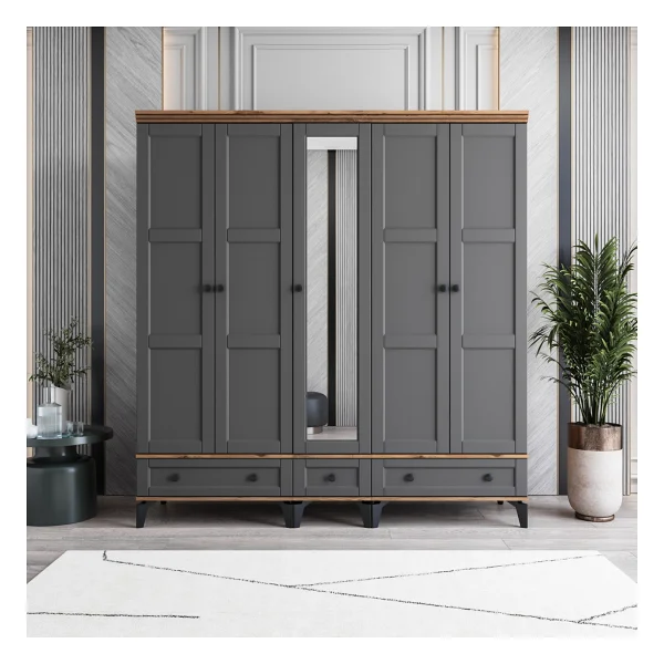 Monzıo Karin 5 Kapaklı Çekmeceli Gardırop Tamamı Mdf (Beyaz) - Görsel 5