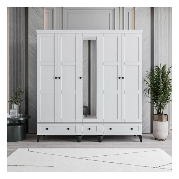 Monzıo Karin 5 Kapaklı Çekmeceli Gardırop Tamamı Mdf (Beyaz) - Görsel 7