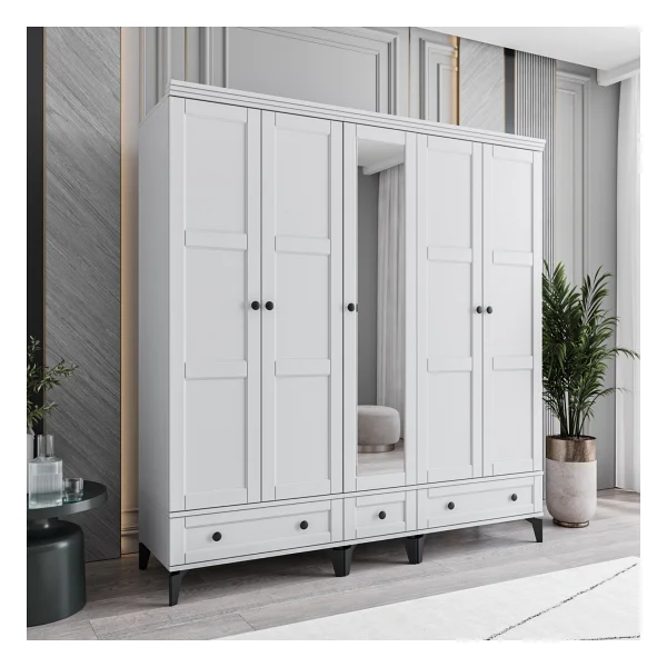 Monzıo Karin 5 Kapaklı Çekmeceli Gardırop Tamamı Mdf (Beyaz) - Görsel 2