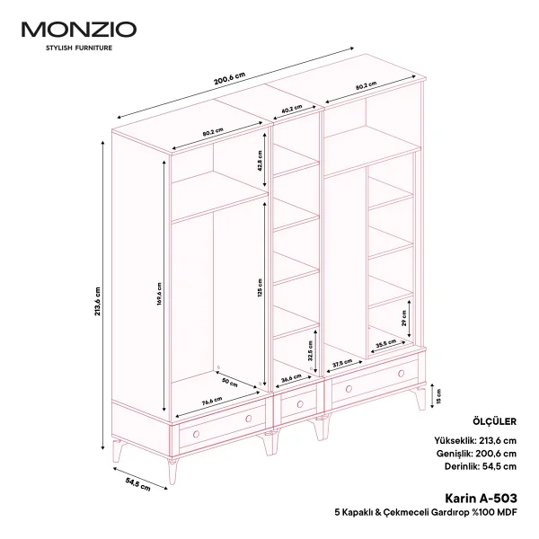 Monzıo Karin 5 Kapaklı Çekmeceli Gardırop Tamamı Mdf (Beyaz) - Görsel 4