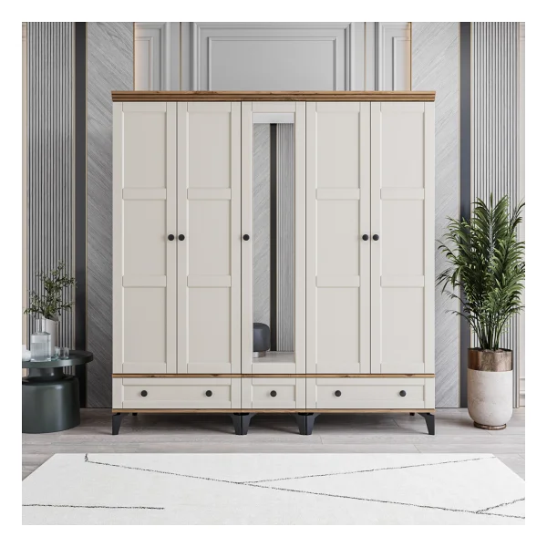 Monzıo Karin 5 Kapaklı Çekmeceli Gardırop Tamamı Mdf (Beyaz) - Görsel 8