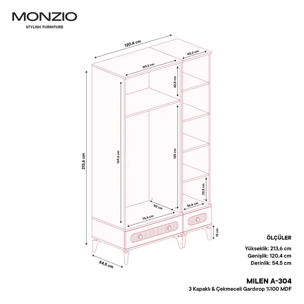 Monzio Milen 3 Kapaklı Çekmeceli Gardırop - Görsel 4