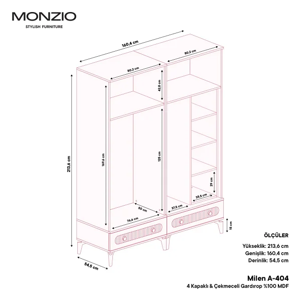 Monzio Milen 4 Kapaklı Çekmeceli Gardırop - Görsel 4