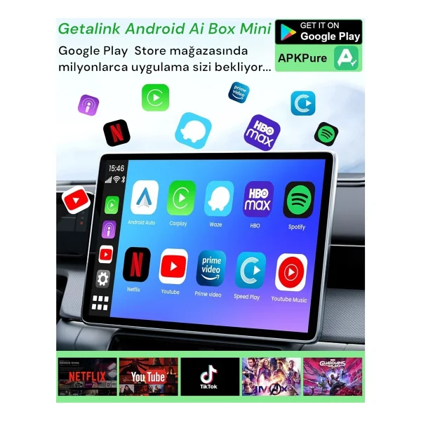 Getalink Yeni Nesil 3in1 Carplay AI Box Youtube,Netflix,GPS,Hareket Halinde Video İzleme - Siyah - Görsel 4