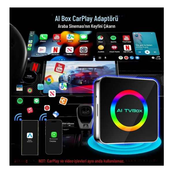 Yeni Nesil Araç Carplay Ve Android Auto AI Box 4gb+64gb Android 14 Kablosuz Carplay & Android Auto Adaptörü Youtube & Netflix & Navigasyon Destekli Multimedya - Görsel 2