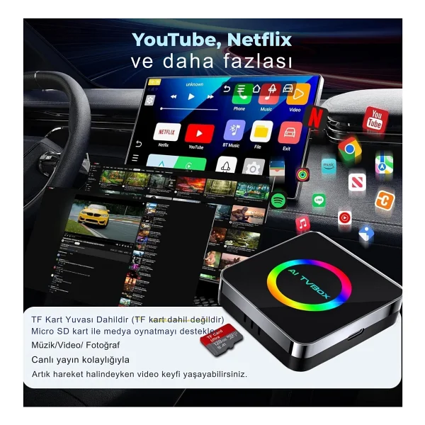 Yeni Nesil Araç Carplay Ve Android Auto AI Box 4gb+64gb Android 14 Kablosuz Carplay & Android Auto Adaptörü Youtube & Netflix & Navigasyon Destekli Multimedya - Görsel 3
