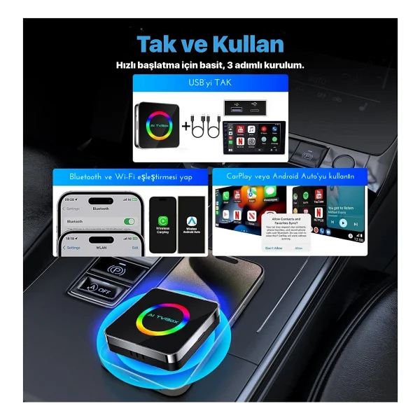 Yeni Nesil Araç Carplay Ve Android Auto AI Box 4gb+64gb Android 14 Kablosuz Carplay & Android Auto Adaptörü Youtube & Netflix & Navigasyon Destekli Multimedya - Görsel 4