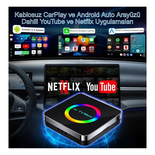 Yeni Nesil Araç Carplay Ve Android Auto AI Box 4gb+64gb Android 14 Kablosuz Carplay & Android Auto Adaptörü Youtube & Netflix & Navigasyon Destekli Multimedya - Görsel 5