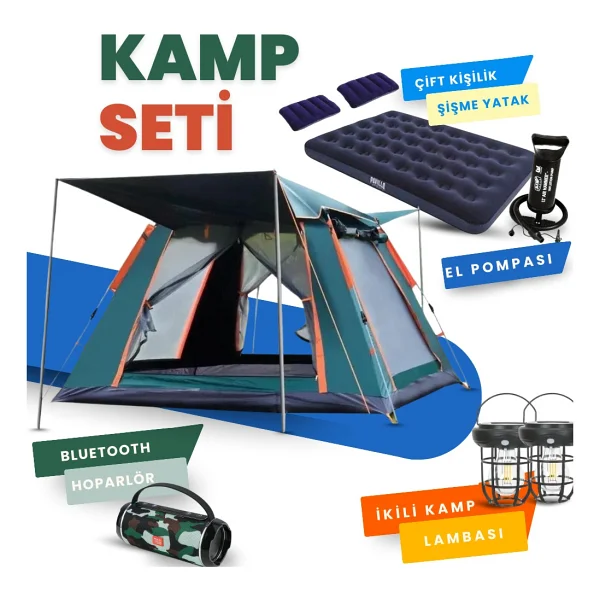 Yussraw 2-4 Kişi Kamp Çadırı Seti Taşınabilir Otomatik 200x200x145 +Lamba+Yatak+Yastık+Pompa+Hoparlör - Görsel 9
