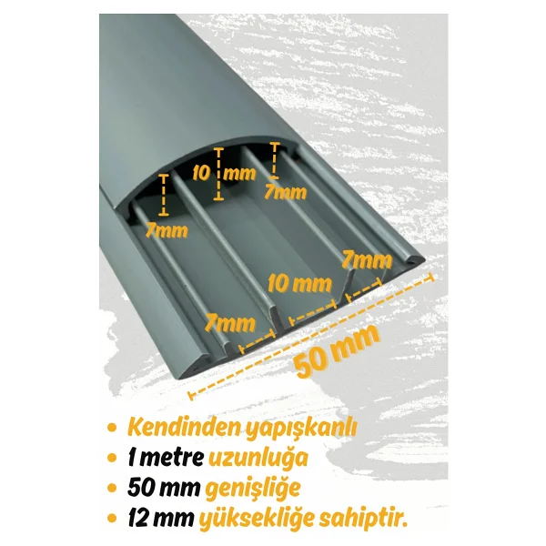 1m Kendinden Yapışkanlı 50x12mm Gri Balık Sırtı Kablo Kanalı - 1 Metre - Görsel 8