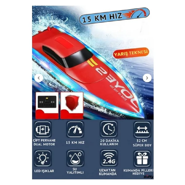 Alp Kids Oyuncak Uzaktan Kumandalı 15 Km Hız Yapan Şarjlı Yarış Teknesi LED Işıklı Su Yalıtımlı 2.4g - Görsel 5