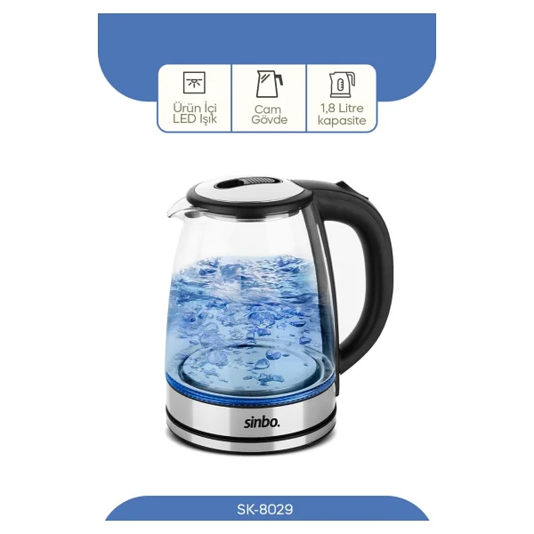 Sinbo 1,8 Litre Cam Su Isıtıcı - Paslanmaz Çelik Gizli Rezistans, Otomatik Kapanma Özelliği, Mavi LED Işıklı, Enerji Tasarruflu - Görsel 4