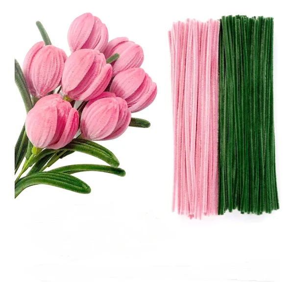 100 Adet Pembe Ve Koyu Yeşil Renkli Şönil , Çiçek Yapım Seti, Tüylü Tel, 30 Cm, Peluş Te - Görsel 7