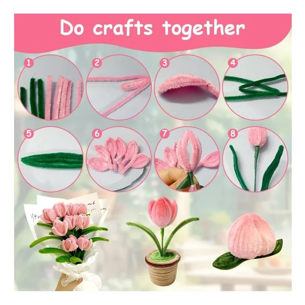 100 Adet Pembe Ve Koyu Yeşil Renkli Şönil , Çiçek Yapım Seti, Tüylü Tel, 30 Cm, Peluş Te - Görsel 3