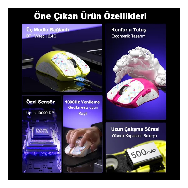 Aula Sc580x Lightweight Siyah Şarjlı Makrolu Ergonomik Optik Kablolu/Kablosuz Oyuncu Mouse - Görsel 4