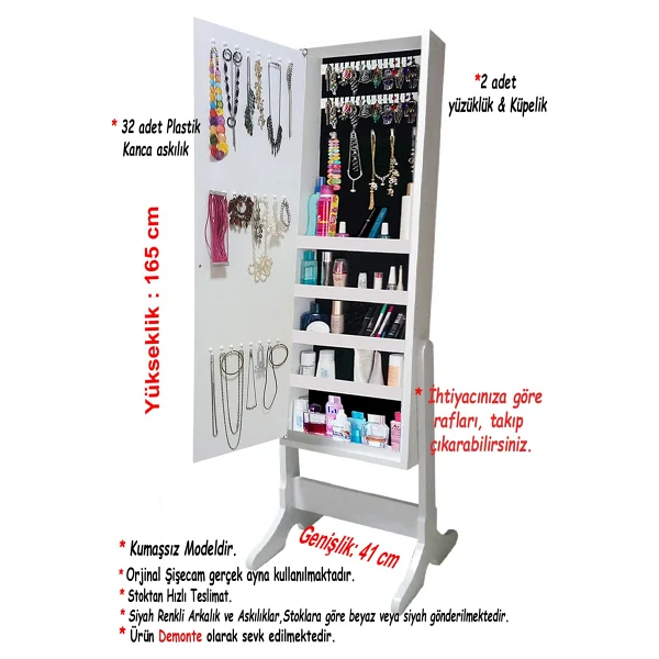 First Mobilya Number One - Demonte - Çok Amaçlı - Ayaklı - Aynalı Hediyelik Çok Amaçlı Takı Dolabı - Beyaz - Görsel 3