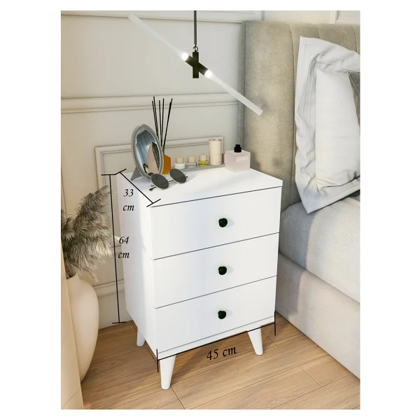 Montenero Komodin Sade Beyaz 3 Çekmeceli Yüksek Ayaklı Parlak Yatak Odası Komodini 45x65 Cm Siyah - Görsel 2