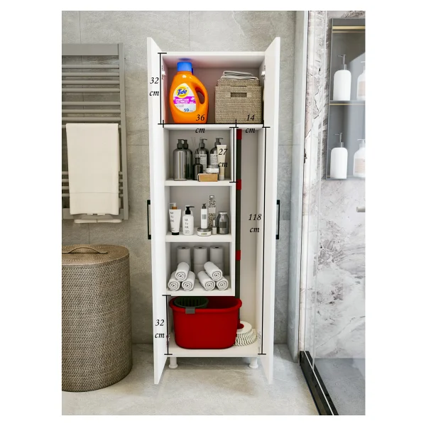 Montenero Çok Amaçlı Dolap Beyaz Banyo Düzenleyici Kiler Dolabı Kova Süpürge Paspas Deterjan Dolabı Küçük Boy - Görsel 8