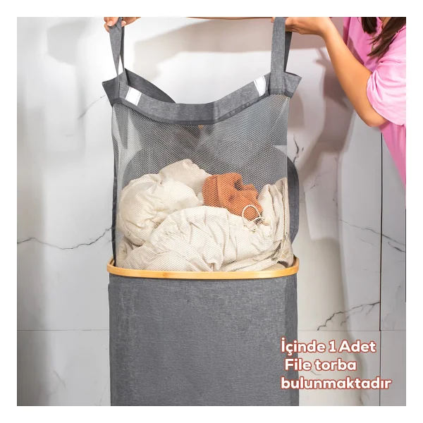Porsima Mio-101 Bambu Banyo Kirli Çamaşır Sepeti Banyo Düzenleyici Sepet 44x66 Cm - Görsel 7
