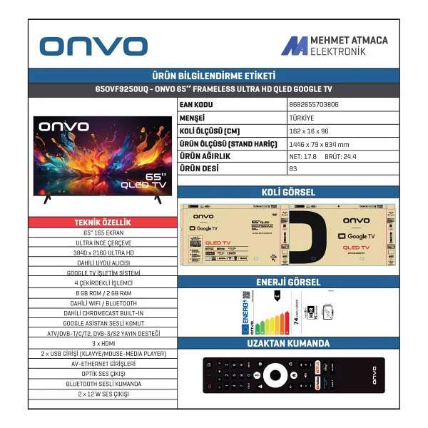 Onvo 65ovf9250uq 4K Ultra HD 65" 165 Ekran Uydu Alıcılı Google Smart QLED TV - Görsel 6