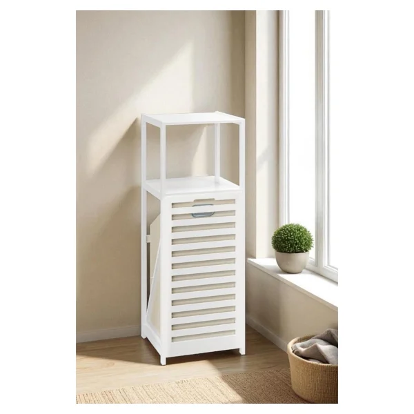 Digithome Bambu Beyaz Mat Lake Kirli Sepetli 2 Raflı Banyo Düzenleyici Çamaşır Sepeti Db-0020 - Görsel 2